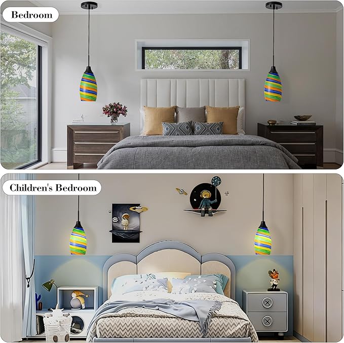 Mini Glass Pendant Light,4.72" Rainbow Hanging Lights 1-Pack Handblown Oval Rainbow Art Glass Hanging Pendant Light for Kitchen Island,Dining Room,Living,Foyer,Hallway, Entry