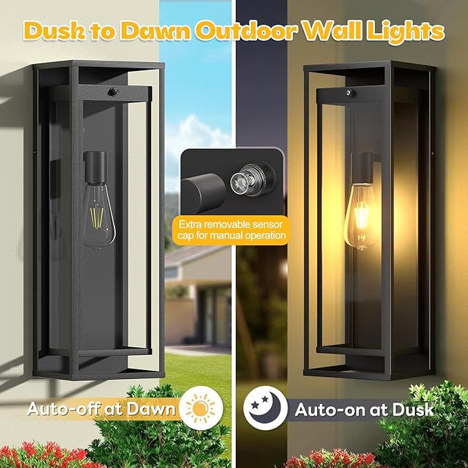 20in Outdoor Wall Light Dusk to Dawn-Black Modern Sconce Waterproof Exterior Lighting Fixture E26 Socket Porch Lights Extra Large Lantern for Entryway Patio House Garage (2Pack)