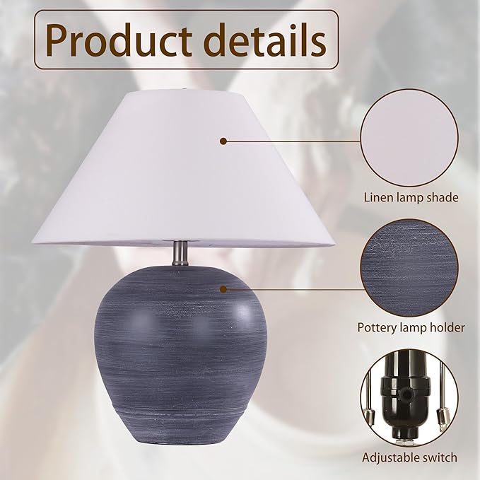 Farmhouse Ceramic Table Lamp, 18" Rustic Table Lamp with Linen Shade, Bedside Nightstand Lamps for Bedroom, Living Room, E26 Socket, Black with White Striped