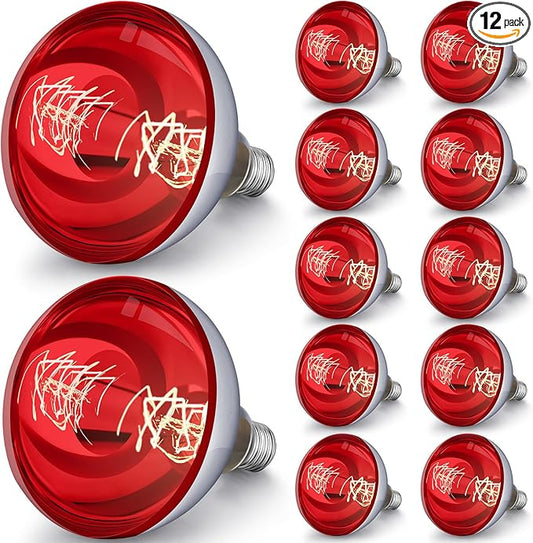 VIHOSE 12 Pack 250 Watt Heat Lamp 120v R40 Heat Lamp Bulbs Glass Incandescent Light Bulbs Incandescent Heating Lightbulbs for Reptiles Chicks Food Puppies Bathroom, Use E26 Base (Red)