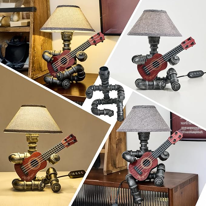 Music Guitar Table Lamp Art Decor Guitar Stuff Cool Gifts for Music Lovers Microphone Players for Men Steampunk Pipe Man Edison Bulb Lamps Retro Guitars Metal Pipe Industrial Robot Lights Silver Gray