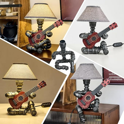 Music Guitar Table Lamp Art Decor Guitar Stuff Cool Gifts for Music Lovers Microphone Players for Men Steampunk Pipe Man Edison Bulb Lamps Retro Guitars Metal Pipe Industrial Robot Lights Silver Gray