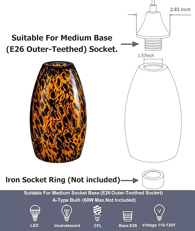 GO&SO 3pc Black-Yellow Pendant Light Shade,Fitter 1.57 ",Height 7.8 ",Max Diameter 4 ",Hand Blown Art Glass Pendant Light Fixtures Only,Oval Replacement Lamp Shades Glass Pendant Lights Kitchen Island