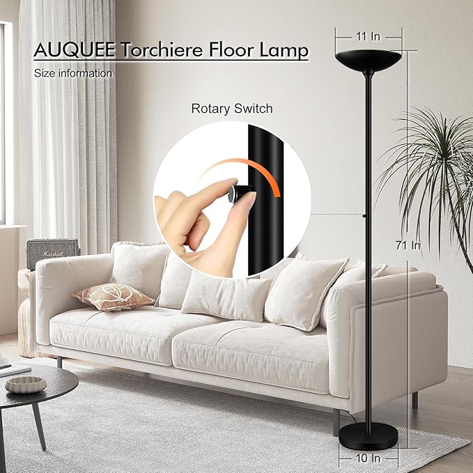 30W Torchiere Floor Lamp - 3600LM Super Bright LED Floor Lamp, 71 Inch Stepless Dimmable Standing Lamp with 3000K Lighting, Rotary Switch, Tall Metal Torch Floor lamps for Living Room/Bedroom (Black)