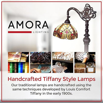 Amora Tiffany Style Floor Lamp Arched Vintage Antique 62" Tall Stained Glass Brown Red Tan Traditional Light Decor Bedroom Living Room Reading Gift AM344FL12 Lighting