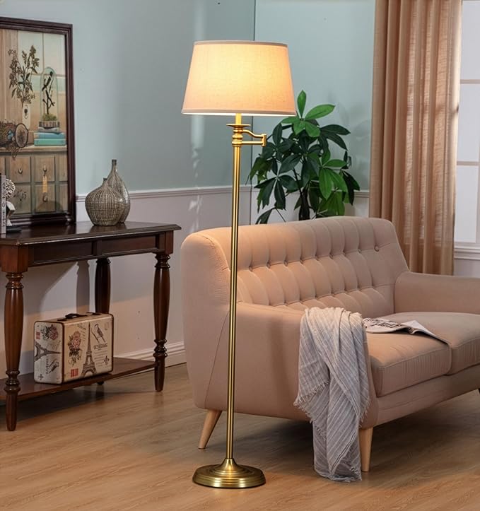 Brightech Caden LED Floor Lamp - Tall Standing Lamp with Swing Arm for Living Rooms & Offices - Antique Brass