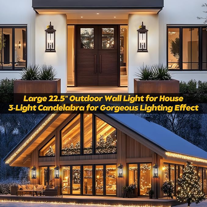 2-Pack 23” Dusk to Dawn Outdoor Light Fixtures Oil Rubbed Bronze 3-Light, Extra Large Exterior Lighting Photocell Sensor Vintage Brown Outdoor Wall Lanterns Porch Lights Garage, E12