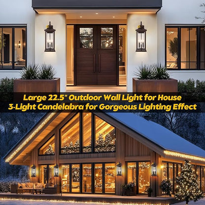 2-Pack 23” Dusk to Dawn Outdoor Light Fixtures Oil Rubbed Bronze 3-Light, Extra Large Exterior Lighting Photocell Sensor Vintage Brown Outdoor Wall Lanterns Porch Lights Garage, E12
