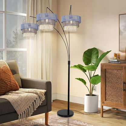 Boho Rattan Lamp Shade in Pastel Blue Gray & White, 3-Tier Drum Style Replacement Shade for Pendant, Chandelier, Floor Lamp, Rustic Hand-Woven Cover for Living Room, Kitchen, Bedroom, Office