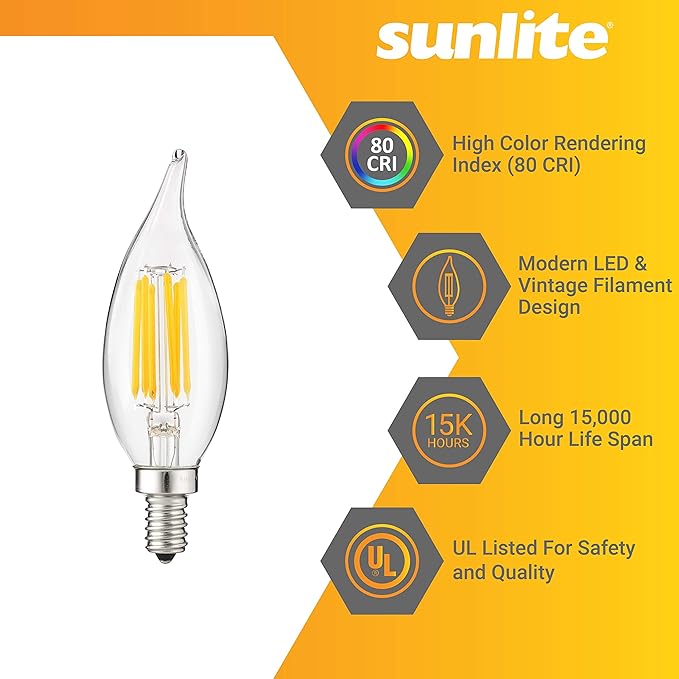 Sunlite 41353-SU LED Filament Chandelier Light Bulb with Flame Tip, ETL Listed, 5 Watts (60W Equivalent), Candelabra Base (E12), Clear, Dimmable, 12 Count, 4000K - Cool White