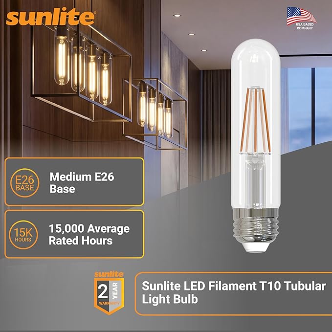 Sunlite LED Filament T10 Tubular Light Bulb, 6 Watts (60W Equivalent), 600 Lumens, Medium E26 Base, Dimmable, 128 mm, UL Listed, 2700K Soft White, 6 Pack