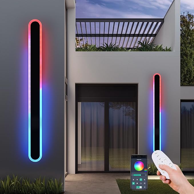 TODOLUZ 2-Pack 60-Inch RGB Long Linear Outdoor Wall Light Fixture, IP65 Waterproof 36W Dimmable LED Wall Sconce Lighting with Remote Control for Garage Doorway
