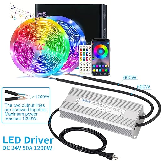 LED Driver 24V1200W Waterproof Power Supply AC90-132V to DC24V50A High Power Switching Power Supply IP67 Transformer Suitable for Indoor and Outdoor LED Lighting and Any 24V DC Equipment