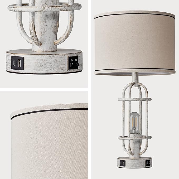 22.3" Farmhouse Table Lamps Set of 2, Vintage Lamps for Living Room End Tables, Bedroom Lamp for NightStand with USB C+A Ports, Antique White