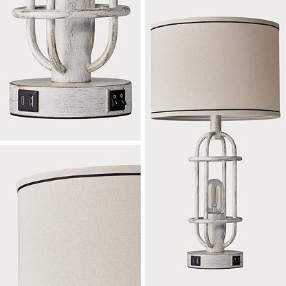 22.3" Farmhouse Table Lamps Set of 2, Vintage Lamps for Living Room End Tables, Bedroom Lamp for NightStand with USB C+A Ports, Antique White