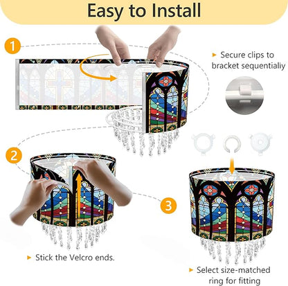 Cross Stained Glass Lamp Shade with Acrylic Bead Droplets, Drum Fabric Light Shade for Ceiling Pendant Table & Floor Lamps, Religious Christian Jesus Prayer Gift, 11.8in