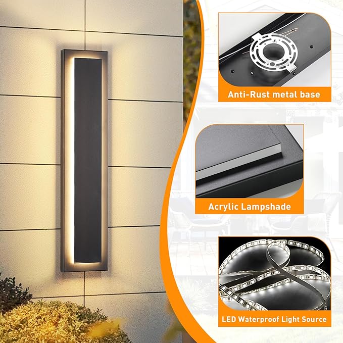 24 in Modern Long Outdoor Wall Lights Exterior Lights for House,LED Outdoor Wall Sconce Set of Two,Large Front Porch Light,Waterproof Patio Wall Light Fixture,24 W Exterior Garage Lighting