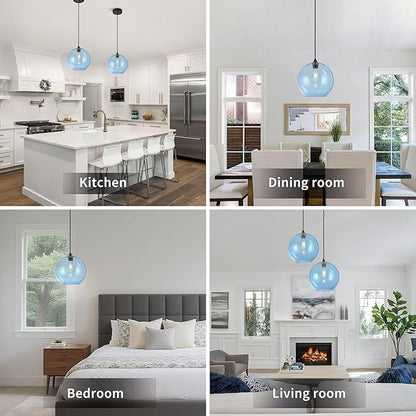 Blue Glass Pendant Lights Kitchen Island Lighting Modern Globe Pendant Light Fixtures Modern Pendant Lights for Kitchen Island Bedroom Living Dining Room Light Fixture-11.8inch