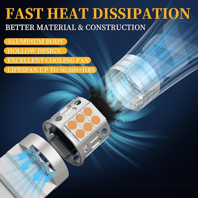 Yorkim Canbus 3157 Turn Signal Light Bulbs, Anti Hyper Flash, 3156 LED Bulb Amber with Cooling fan, 500% Brighter 3156 3057 4157 4114 LED Bulb, Pack of 2
