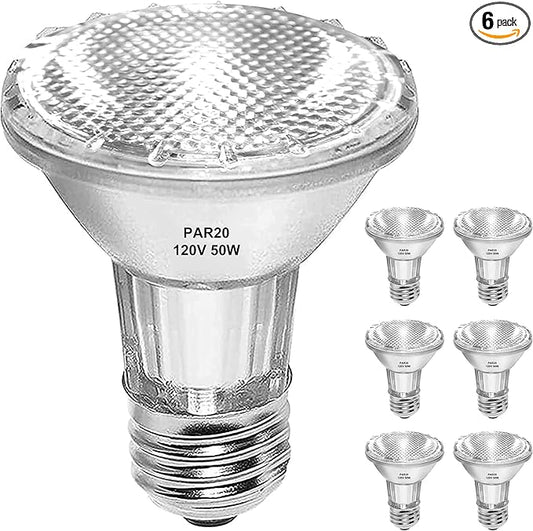 PAR20 Flood 50W 120V Bulbs, 6 Pack 50 Watt PAR20 Halogen Bulb 2250 Lumens, Dmimable Par20 E26 50W 120V Eco Halogen Light Bulb Warm White 2700K Reflector for Track Lighting & Range Hood