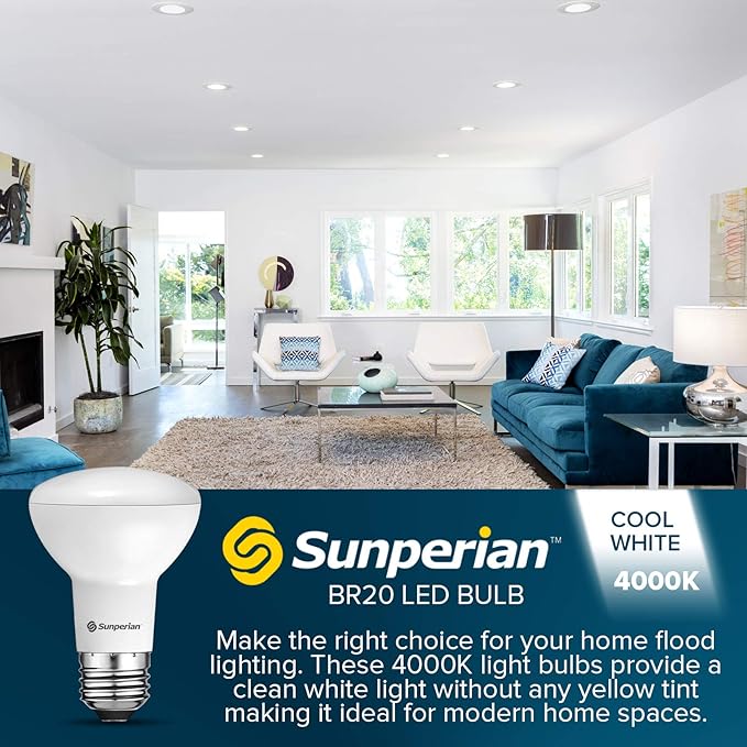 SUNPERIAN 12 Pack BR20 LED Bulb, 6W=50W, 4000K Cool White, 550 Lumens, Dimmable Flood Light Bulbs for Recessed Cans, Enclosed Fixture Rated, Damp Rated, UL Listed, E26 Standard Base