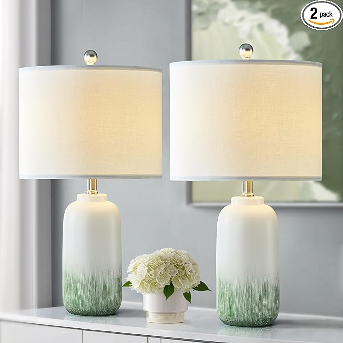 24" Green Table Lamps Set of 2 - Modern Ceramic Bedside Lamps for Night Stands, 3 Way Dimmable Green End Table Lamps for Living Room Bedroom