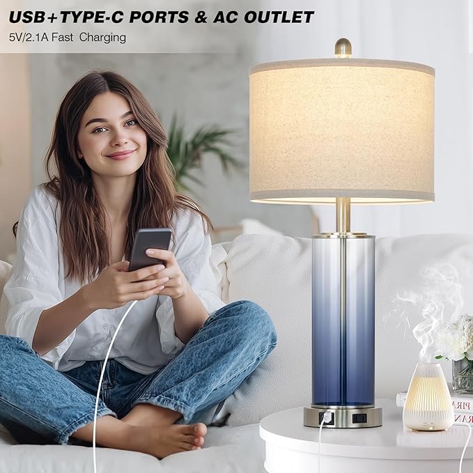 26 Inch Blue Glass Lamp Single, 3-Way Dimmable Touch Control Coastal Bedroom Table Lamp with USB C+A Ports & AC Outlet, Bed Side Lamps for Nightstand, Living Room Lamps for Side Table Office