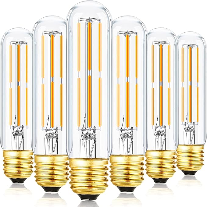 Vintage LED Edison Bulbs 6W, Equivalent 60W, Warm White 2700K, 600lm, E26 Base, Dimmable, Tubular T10 Led Antique Filament Bulb with Decorative, 6Pack