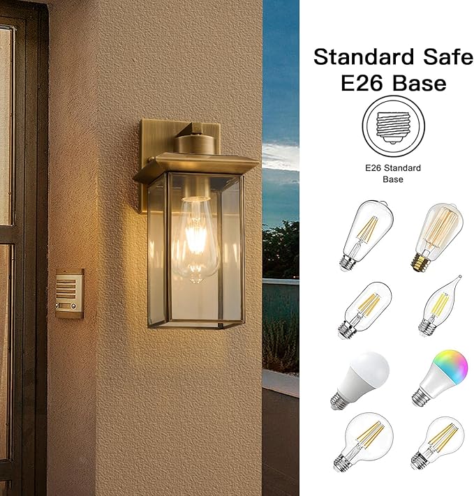 Brass Outdoor Wall Light Fixtures, Exterior Waterproof Lanterns, Porch Wall-Mounted Lights with E26 Socket and Glass Shade – Modern Rustproof Wall Sconces for Yard, Front Door & Entryway.2-Pack