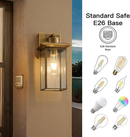 Brass Outdoor Wall Light Fixtures, Exterior Waterproof Lanterns, Porch Wall-Mounted Lights with E26 Socket and Glass Shade – Modern Rustproof Wall Sconces for Yard, Front Door & Entryway.2-Pack
