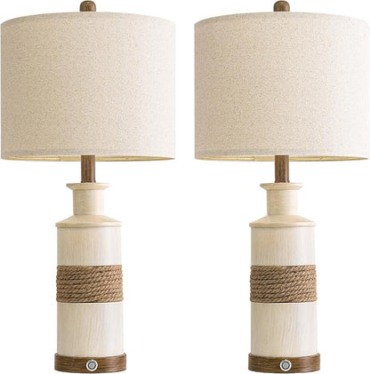 BOBOMOMO 24.5" Farmhouse Boho Table Lamps Set of 2, Hand-Woven Rattan Bedside Lamps with 3-Way Dimmable Touch Control & USB A+C Ports, Nightstand Lamp for Bedroom, Living Room, Corner (Bulbs Included)