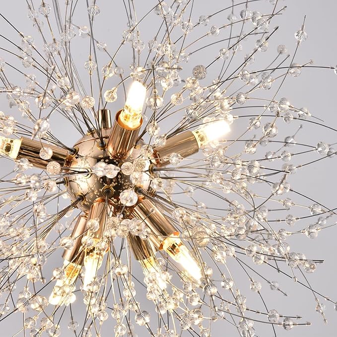 Small Modern Chandelier, 8 Lights Gold Dandelion Chandelier, Firework Crystal Chandeliers for Dining Room, Sputnik Pendant Light Fixture for Kitchen Island, Bedroom