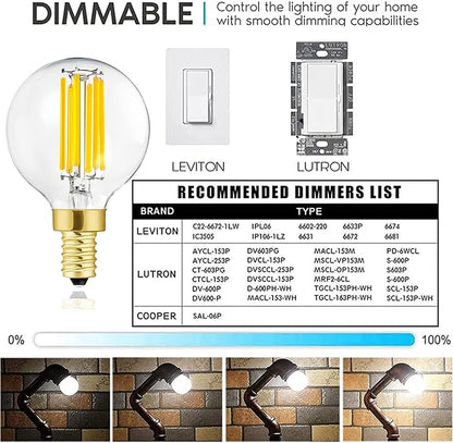 Leools Dimmable g16.5 led Bulb e12 g16 1/2 led Candelabra Bulb 60w Edison Bulb 4000K Neutral White 600lm ac120v 6w g50 led Globe Bulb for Chandelier,Vanity and Ceiling Fan,6Pack