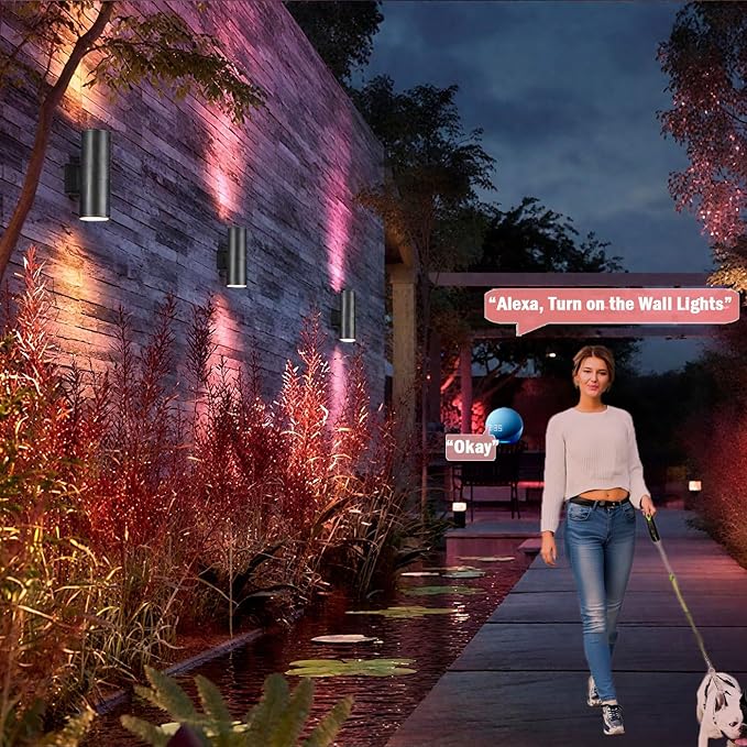 Exterior Double Up Down Outdoor Wall Lights,Mi.Light Remote Control RGB Color Changing 1000lm Warm White 3000k RGBW Cylinder Outdoor Wall Light,Smart LED Exterior Lighting (2 Pack)