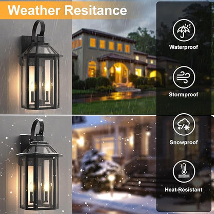 Large Outdoor Wall Lantern 2-Light, 26.3 Inch Waterproof Exterior Wall Sconce Light Fixtures, Glass Porch Lights for Front Door, Patio, and House Garage, Black