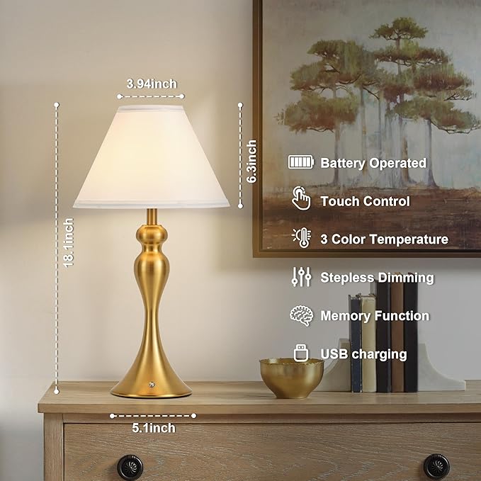 Rechargeable Cordless Table Lamps, Battery Operated Lamp with Fabric Shade for Decor, 3 Color Stepless Dimming LED Table Light, Nightstand Lamp for Nursery, Bedroom, Living Room, Home Office (Brass)
