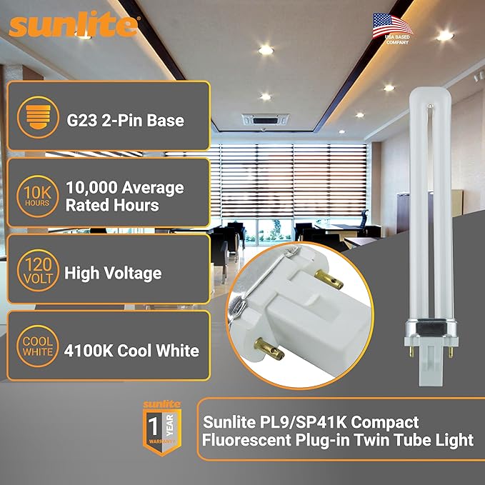 Sunlite PL9/SP41K/10PK 2-Pin Fluorescent 9W 4100K Cool White U Shaped PL CFL Twin Tube Plugin Light Bulbs with G23 Base (10 Pack)
