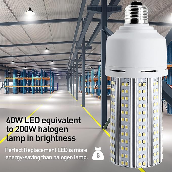 2 Pack LED Corn Light 600W Equivalent LED Corn Bulb 7500 Lumen 60W Large Area Cool Daylight White E26/E27 Medium Base for Garage Backyard Bedroom Warehouse Factory Workshop Street