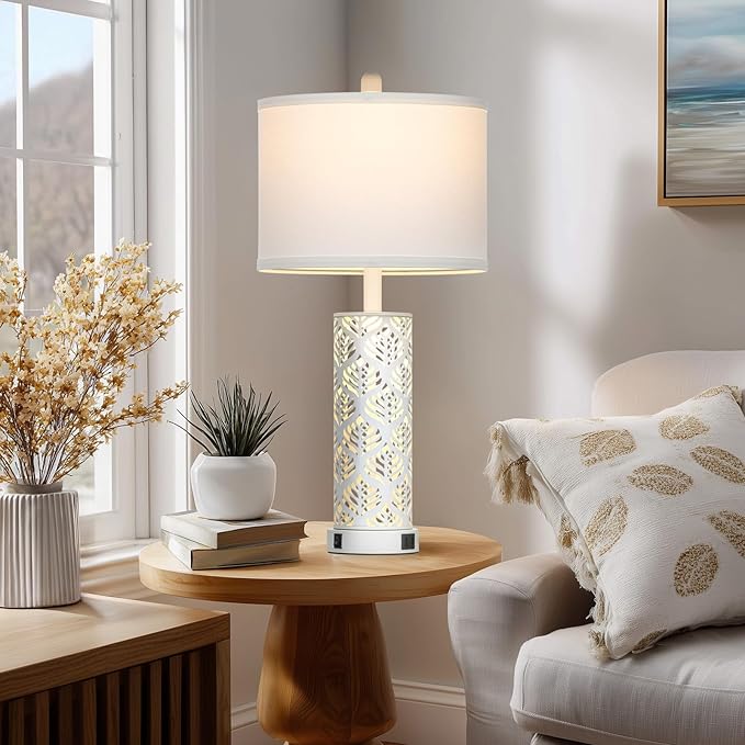 Set of 2 Rustic Table Lamps for Living Room Bedroom, Vintage Farmhouse Nightstand Lamp with 2 USB Ports, Hollow Out Metel Lamp for End Table with Nightlight (White)
