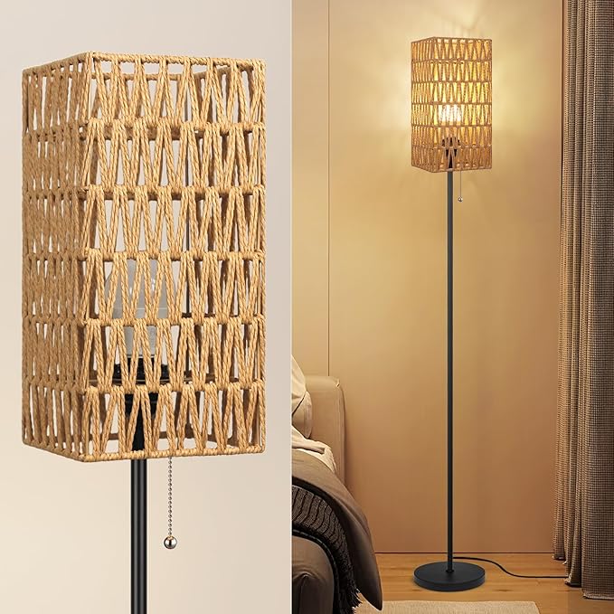 Floor Lamp for Living Room,Farmhouse Floor lamp,Modern Standing lamp with Hand-Worked Rattan Shade (Square Shade-3 Color Blub)