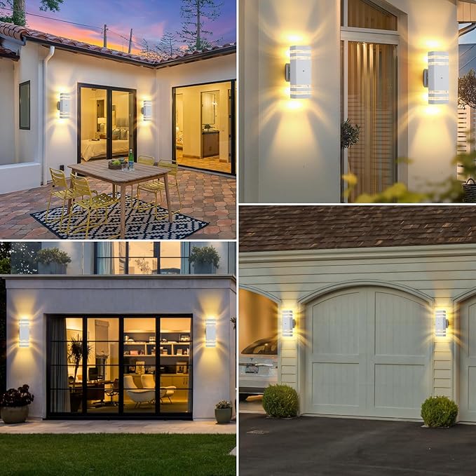 Dusk to Dawn Outdoor Wall Lights Modern Exterior Lighting Fixtures, 2 Pack White Outside Lights for House, Up and Down Porch Lights Outdoor Waterproof Sconces Wall Lighting for Garage Patio