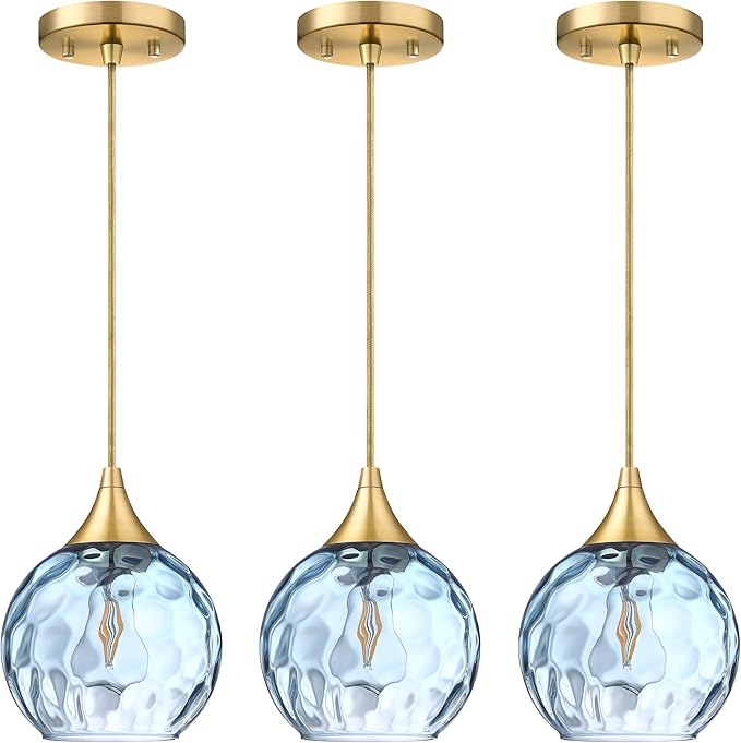 6.3" Texture Blue Glass Pendant Light 3 Pack Pendant Ceiling Light Fixture Gold Finish Modern Farmhouse Dinning Over Sink Adjustable Height Cord