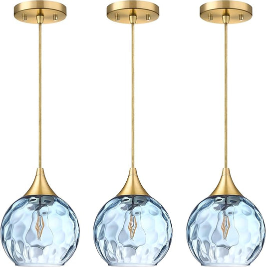6.3" Texture Blue Glass Pendant Light 3 Pack Pendant Ceiling Light Fixture Gold Finish Modern Farmhouse Dinning Over Sink Adjustable Height Cord