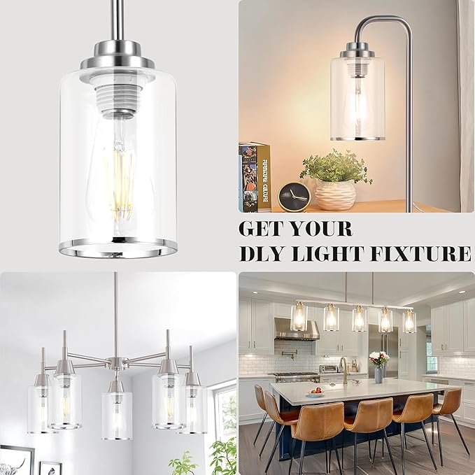6 Pack Clear Glass Lamp Shade Replacements, Cylinder Glass Lamp Shade Globe Covers for Light Fixtures, Transparent Lampshades with Silver Border for Wall Sconces Chandelier Pendant Vanity Lights