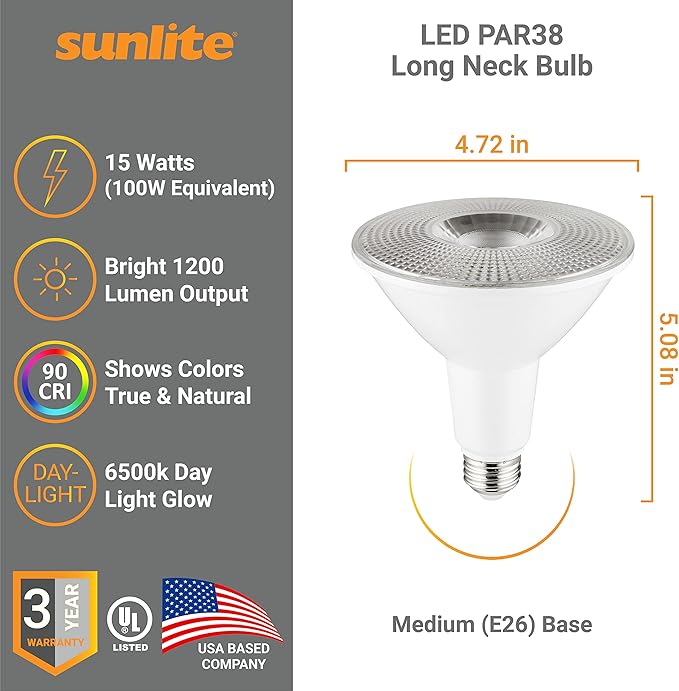 Sunlite 40337 LED PAR38 Long Neck Spotlight Bulb, 15 Watt (100W Halogen EQ), 1200 Lm, 40° Flood Beam, Medium E26 Base, 90 CRI, Waterproof, Dimmable, T20/T24/CEC & UL Listed, 6500K Daylight, 6 Count