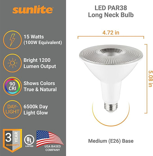 Sunlite 40337 LED PAR38 Long Neck Spotlight Bulb, 15 Watt (100W Halogen EQ), 1200 Lm, 40° Flood Beam, Medium E26 Base, 90 CRI, Waterproof, Dimmable, T20/T24/CEC & UL Listed, 6500K Daylight, 6 Count