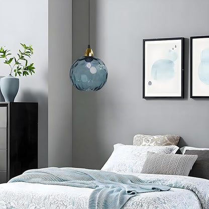15cm/5.9’’ Industrial Vintage Spherical Glass Pendant Light, E26 Ceiling Hanging Lamp, Gold Finish & Ripple Glass Globe Shade, Dining Room Bedroom Chandelier (Dark Blue)