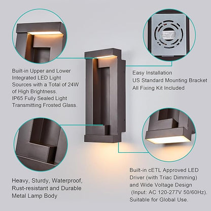 Modern Outdoor LED Wall Lights, 15" H Outside Art Wall Sconce, Bronze Wall Mount Fixture with Integrated LED 24W 2200LM 3000K, IP65 Waterproof Exterior Lamp for House, Porch, Garage