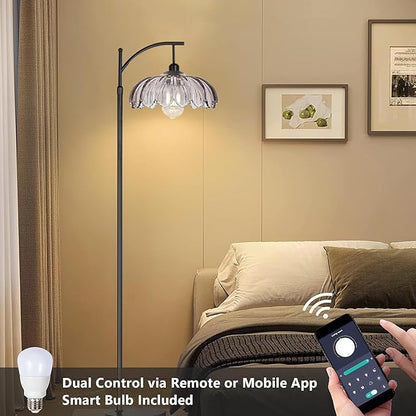 Arc Floor Lamps for Living Room with Remote,Black Dimmable Floor Lamp with Gray Glass Shade,Unique Vintage Flower Standing Tall Lamp,Modern Mid Century Floor Lamps for Bedroom Office Corner