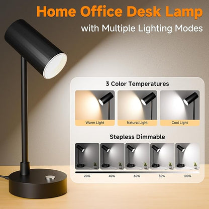 ShineTech Adjustable LED Eye-Caring Desk Lamp, Dimmable Stepless Brightness, 3 Color Modes, Touch Nightstand Lamp for Home Office, Study, Bedroom, Black